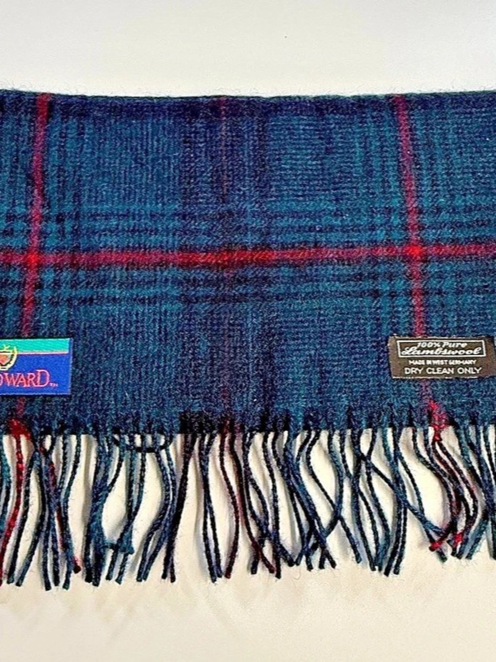 Woodward Plaid Wool Scarf in Blue & Red Like New